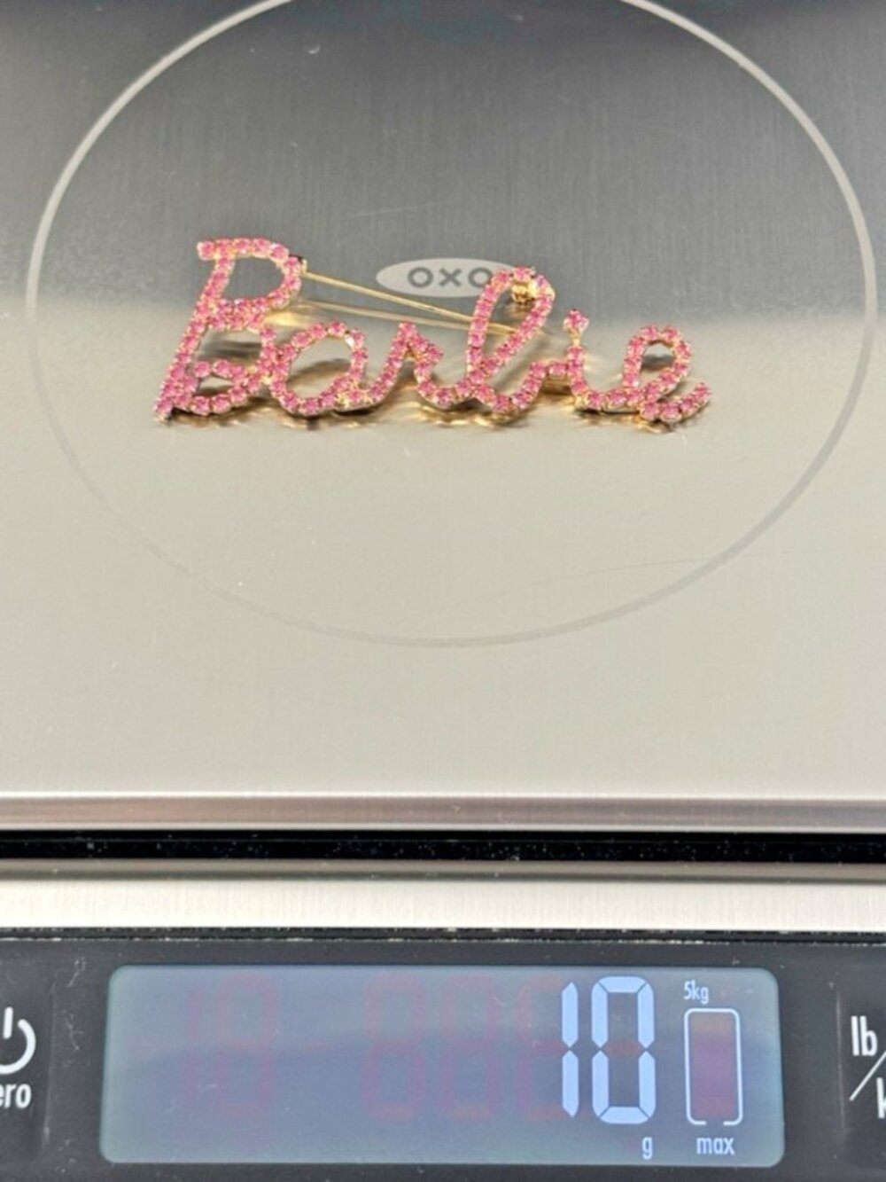 Barbie Script Rhinestone Logo Brooch Pin Pink Crystal Gold-Tone 3-1/4 inches - Picture 11 of 11